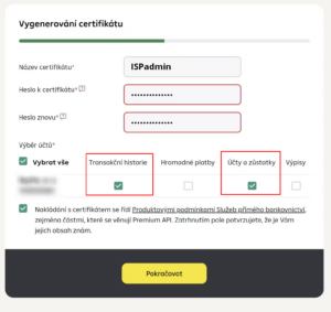 Vygenerování certifikátu a nastavení oprávnění