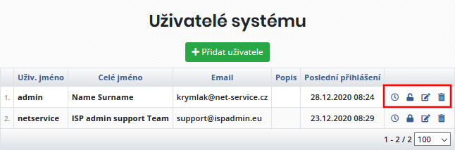 Možné akce s uživatelským účtem (historie, zabezpečení, upravit, odstranit)