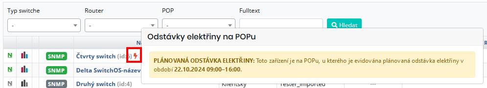 Příklad zobrazeného upozornění na naplánovanou odstávku elektřiny na POPu, na kterém je zaevidováno zařízení (switch)