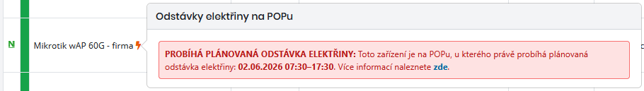 Příklad zobrazeného upozornění na právě probíhající plánovanou odstávku elektřiny na POPu, na kterém je zaevidováno zařízení (zařízení připojené k routeru)