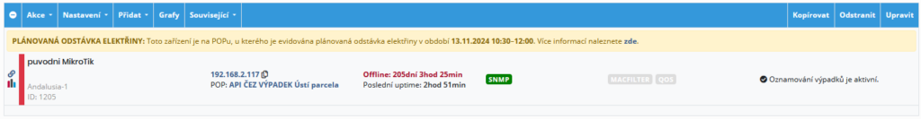 Příklad zobrazeného upozornění na naplánovanou odstávku elektřiny na POPu, na kterém je zaevidováno zařízení
