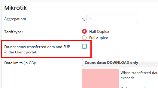 Tariff settings: Do not show transferred data and FUP in the Client portal