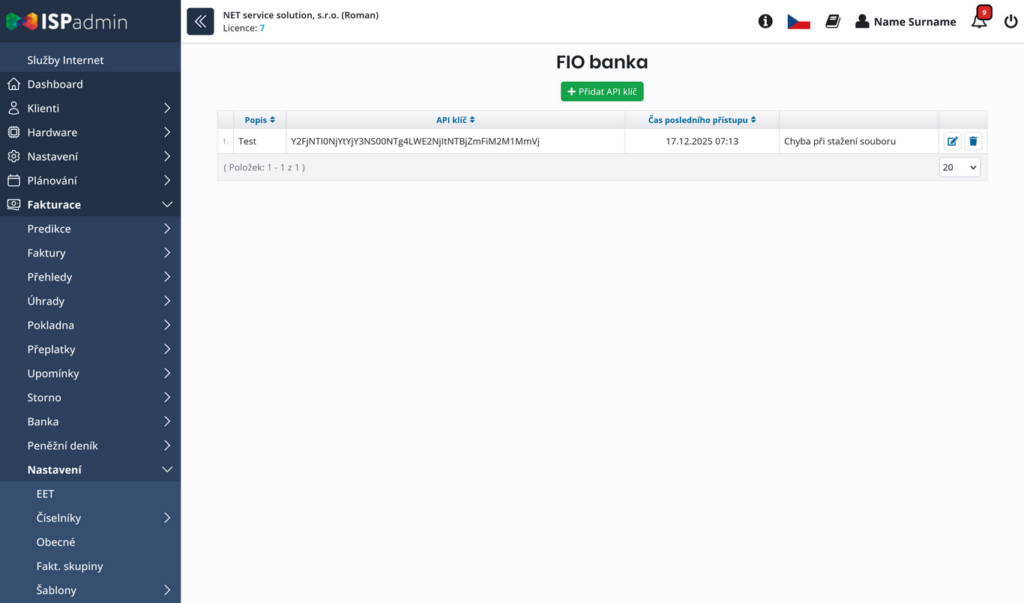 Správa API tokenů pro FIO banku