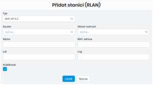 Formulář pro přidání stanice (router/AP z ISPA)