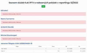 Seznam služeb Kuki TV a nalezených položek v reportingu