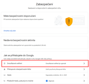 Dvoufázové ověření je zatím vypnuté