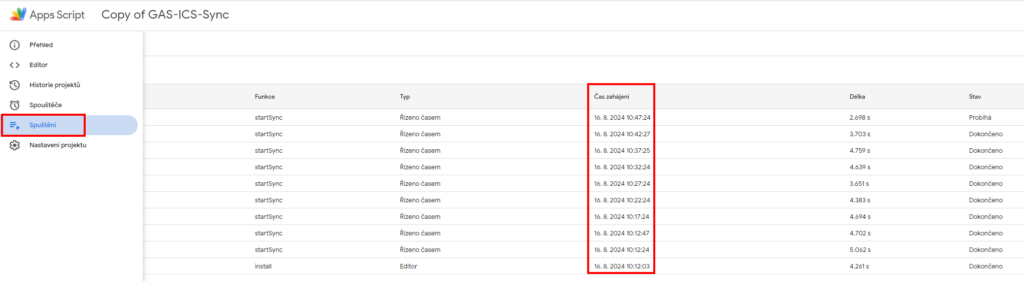 V historii spuštění by měly být záznamy o pravidelné synchronizaci