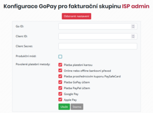 Konfigurace údajů služby GoPay u vybrané fakturační skupiny