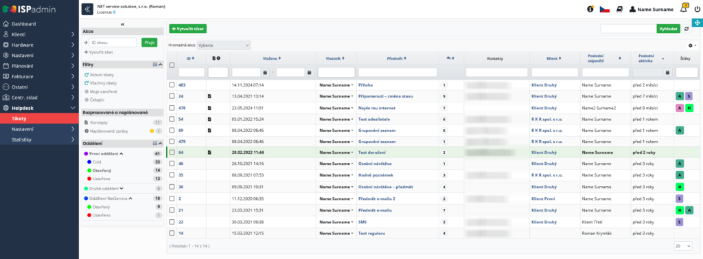 Hlavní rozhraní helpdesku (seznam tiketů filtrován na celé oddělení se všemi stavy)