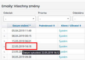 Tooltip s datumem vytvoření zprávy