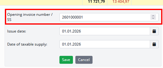 Opening invoice number setup for the selected invoice group