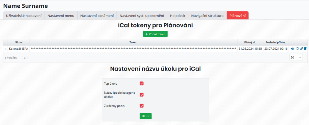 Nastavení iCal tokenů pro přístup ke kalendáři v modulu Plánování