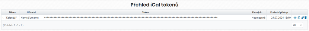 Přehled vygenerovaných iCal tokenů v systému ISPadmin