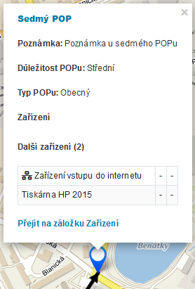Informace o zařízeních na POPu (vstup do internetu)