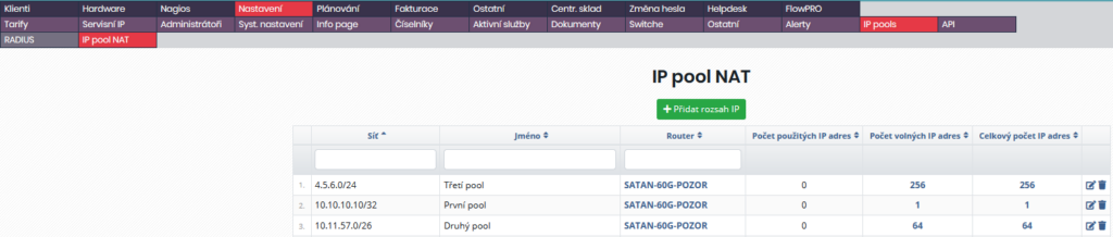 Definované IP pool NAT rozsahy