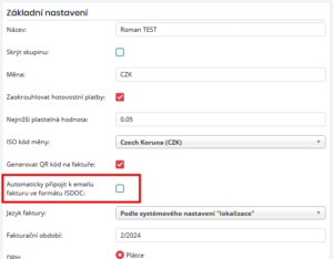 Nastavení ISDOC v konkrétní fakturační skupině