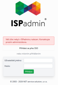 Hlášení, pokud přihlašovaný uživatel v systému ISPadmin neexistuje