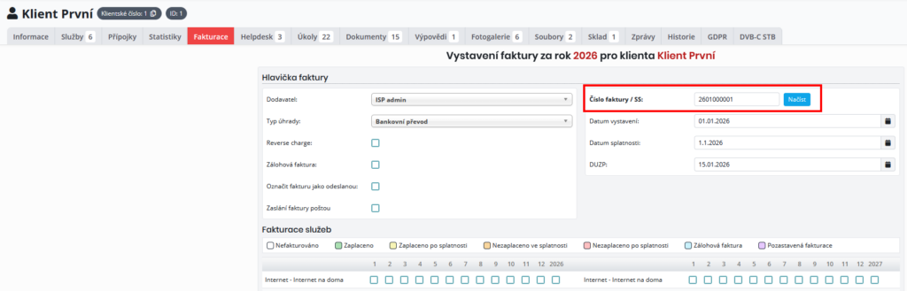 Změna číslování při vystavení jednotlivé faktury