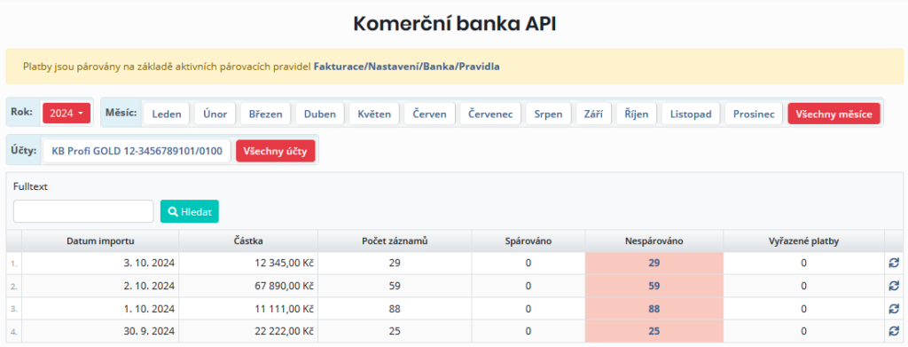 Přehled stažených avíz o přijatých platbách z jednotlivých bankovních účtů KB přidaných do systému ISPadmin