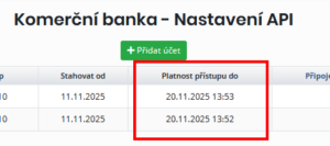 Platnost přístupu v nastavení účtu pro KB API