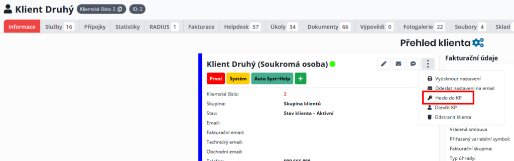 Karta klienta a možnost vygenerování nebo odeslání výzvy pro vytvoření nového hesla