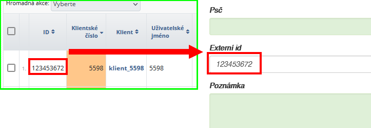 ID klienta ze systému ISPadmin do pole Externí ID systému Kuki