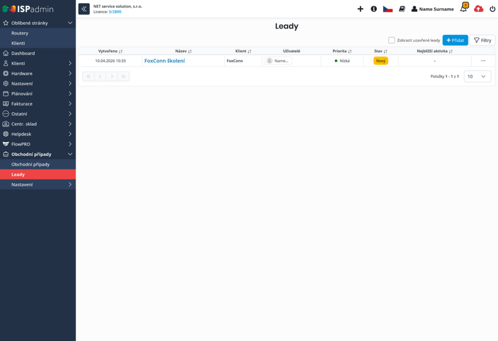 Přehled vytvořených leadů