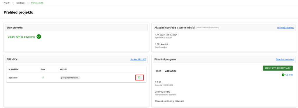V přehledu projektu je možné jednoduše zkopírovat API klíč