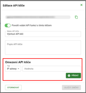 Možnost nastavení omezení API klíče na IP adresu/Referer/User agenta