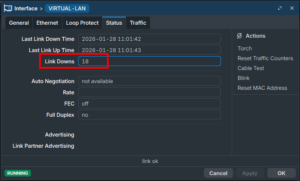 Hodnota Link Downs na konkrétním rozhraní zařízení MikroTik (WinBox)