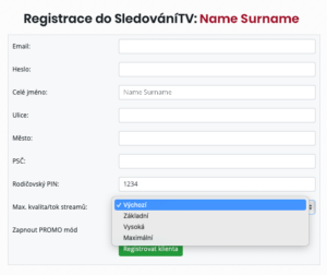 Registrační formulář s novými parametry pro nastavení