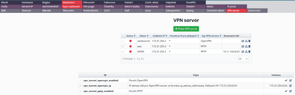 Záložka VPN server