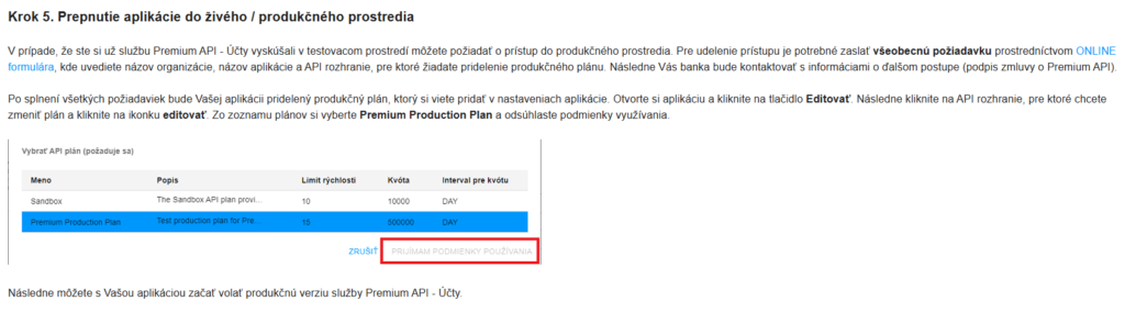 Bod z návodu na přepnutí do produkčního prostředí