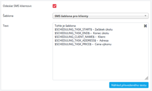 Odeslání SMS klientovi po uložení úkolu s obsahem z předpřipravené šablony