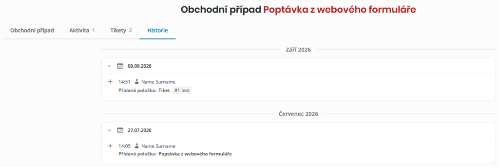 Záložka Historie v konkrétním OP