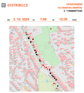 Příklad oficiálního dokumentu ČEZ Distribuce s detailem a podrobnými informacemi dotčené oblasti