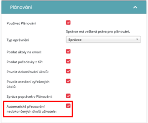 Zapnutí možnosti automatického předvyplnění nastavení pro automatické přesunování nedokončených úkolů u konkrétního uživatele