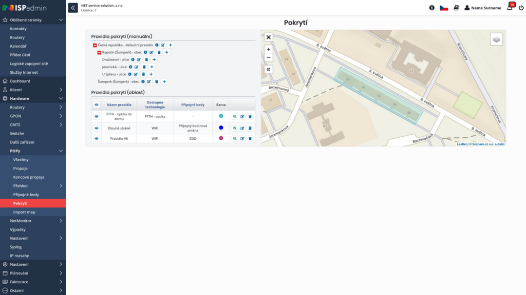 Záložka pokrytí (dostupností) technologií na adresních místech