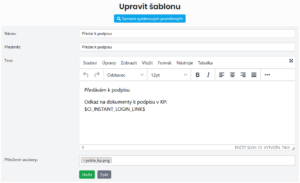 Příklad šablony emailu pro předání k el. podpisu s odkazem na dokumenty v KP