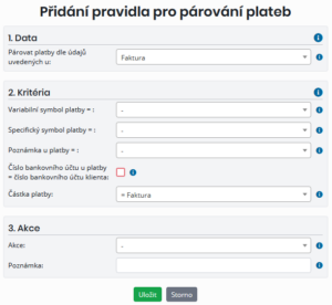 Formulář pro přidání nového pravidla pro párování platby