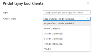Nastavení platnosti tajného kódu klienta