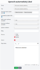 Formulář pro přídání/editaci parametrů automatického úkolu