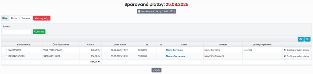 Detailní přehled spárovaných plateb