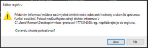 Bezpečnostní upozornění před přidáním záznamu do registru Windows