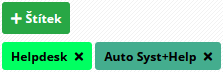 Tlačítko pro přidání štítku a přidané štítky u tiketu (křížkem možné štítek odebrat)