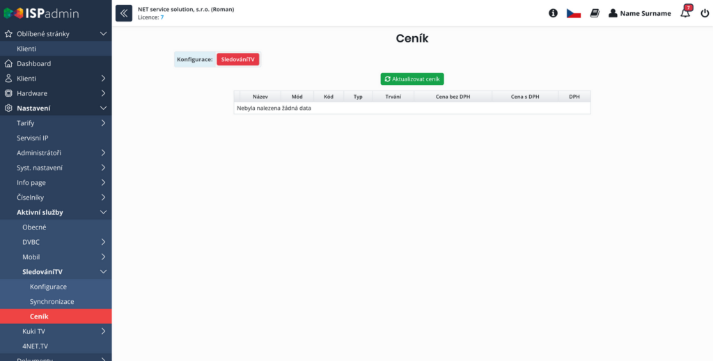 Možnost aktualizovat ceník balíčků SledovaniTV