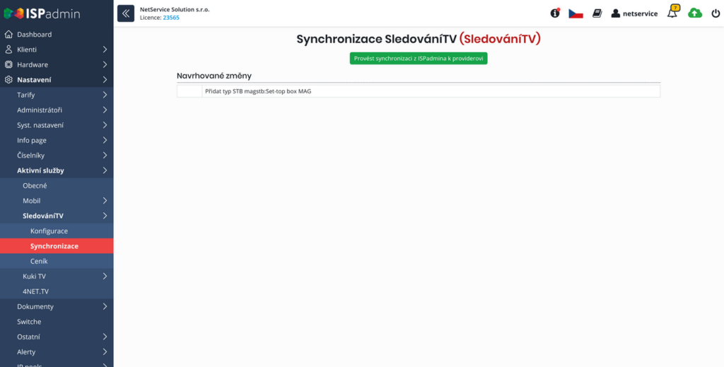 Náhled synchronizace ze SledovaniTV do systému ISPadmin
