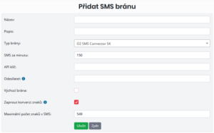 Formulář pro přidání SMS brány