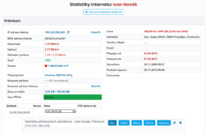 Přehled služeb internet klienta (statistika stažených dat, stav služby, informace o tarifu)