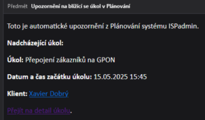Příklad automatického emailového připomenutí uživateli na naplánovaný úkol před začátkem úkolu
